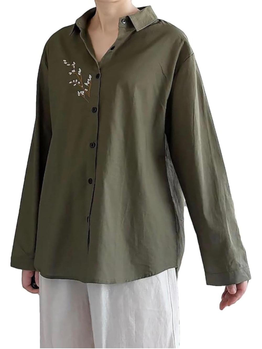 NEW Cotton Linen Button Down Shirts Long Sleeve Embroidered Blouse XL
